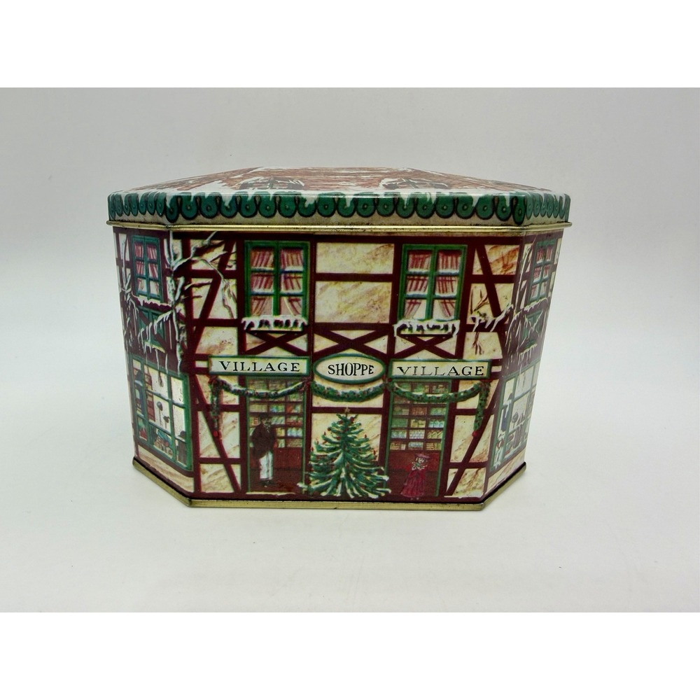Vintage Meister Christmas Village Shoppe Tin Cookies Candy Holiday Decor